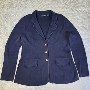 Lauren Ralph Lauren Navy Blue Knit Blazer Jacket Gold Crest Buttons Large Preppy